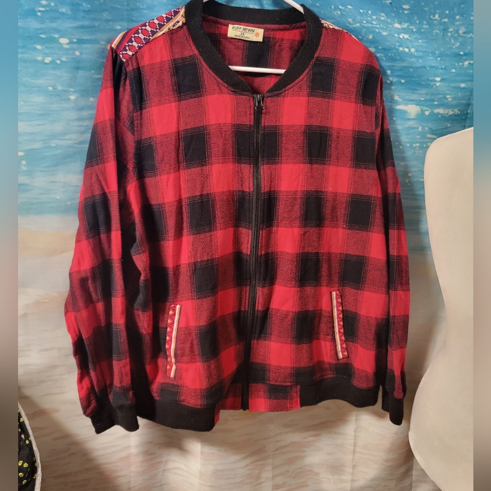 Ruff Hewn Buffalo Plaid Zip Up lightweight Cardigan Southwest Design Size 2X